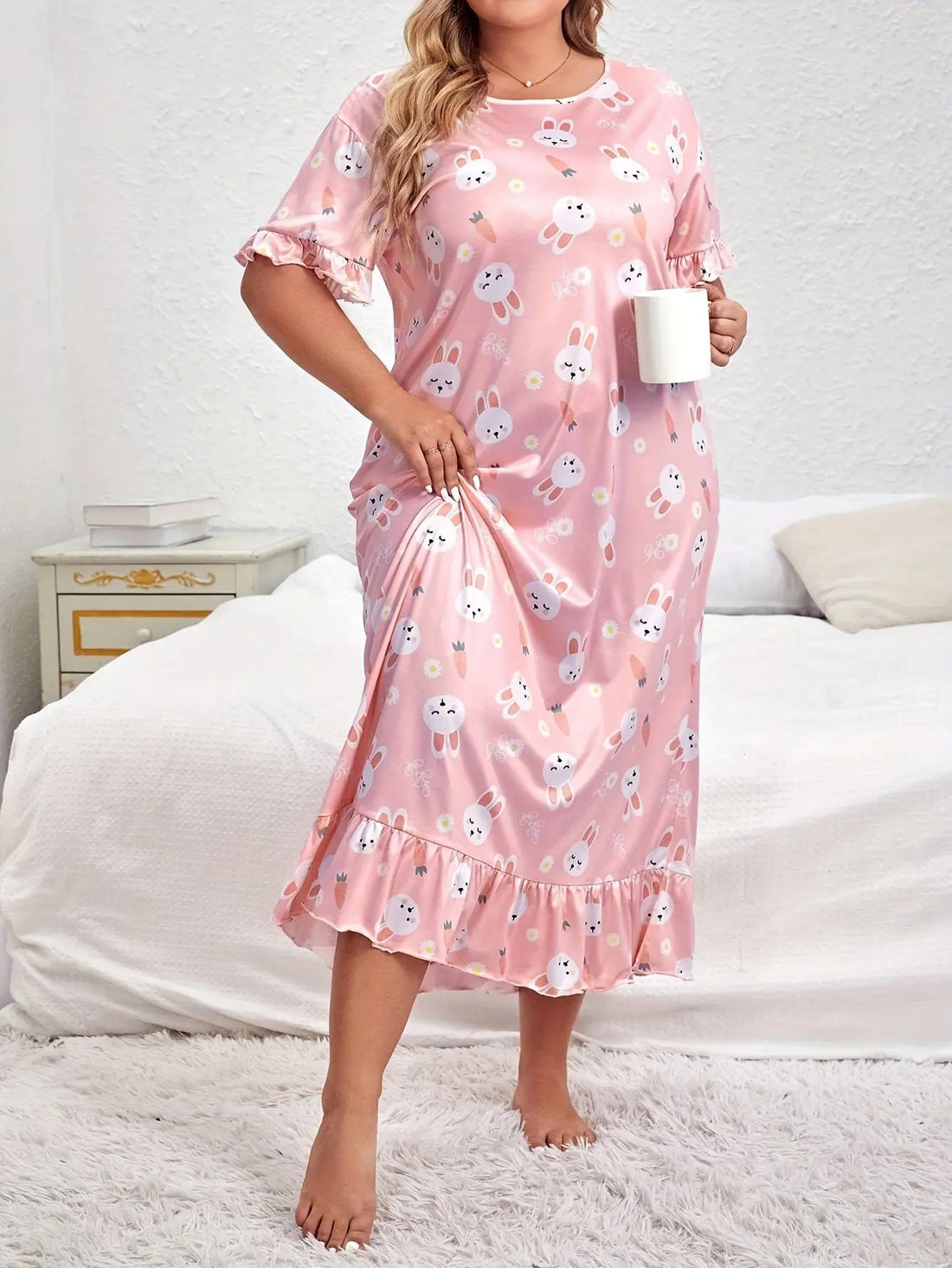 Summer plus size pajamas dress for fat MM plus size women 200 pounds loose casual can be worn outside long short-sleeved skirt nightgown with ruffles Lady T Fashions