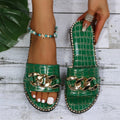 Women's Metal Chain Decor Flat Slippers, Fashion Open Toe Non Slip Slides Shoes, Casual Outdoor Slippers Lady T Fashions