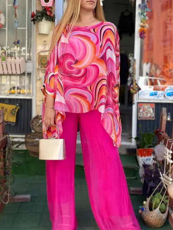 Summer New Colorful Chiffon Suit Casual Round Neck Printed Two-piece Suit Lady T Fashions