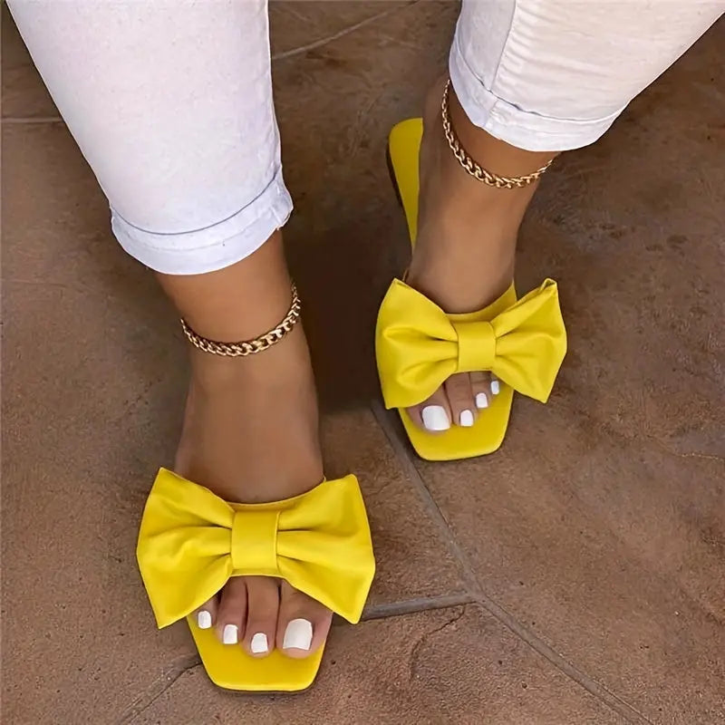 [Versatile Slippers] Versatile Non Slip Women's Bowknot Flat Slippers | Solid Color Square Open Toe Indoor & Outdoor Slides Shoes Lady T Fashions