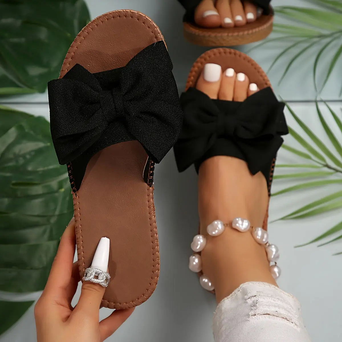 Women's Bowknot Design Flat Sandals, Slip On Open Toe Non-slip Summer Slides Shoes, Comfy Beach Shoes Lady T Fashions