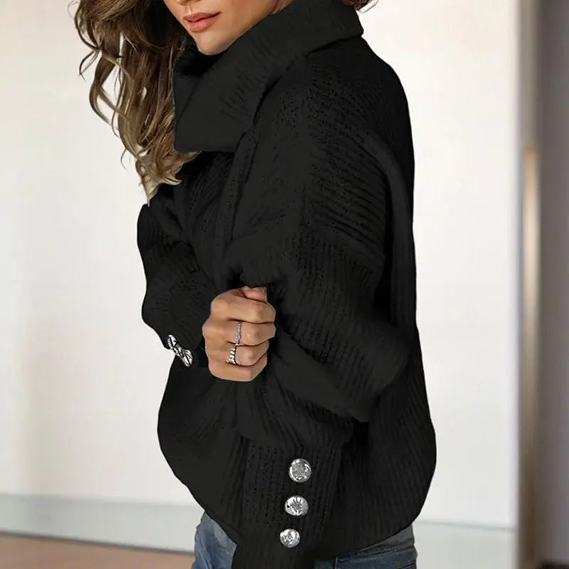 Women's Solid Color High-Neck Sweater - Button Cuff Detail, Cozy Fall&Winter Loose-Fit Top Lady T Fashions