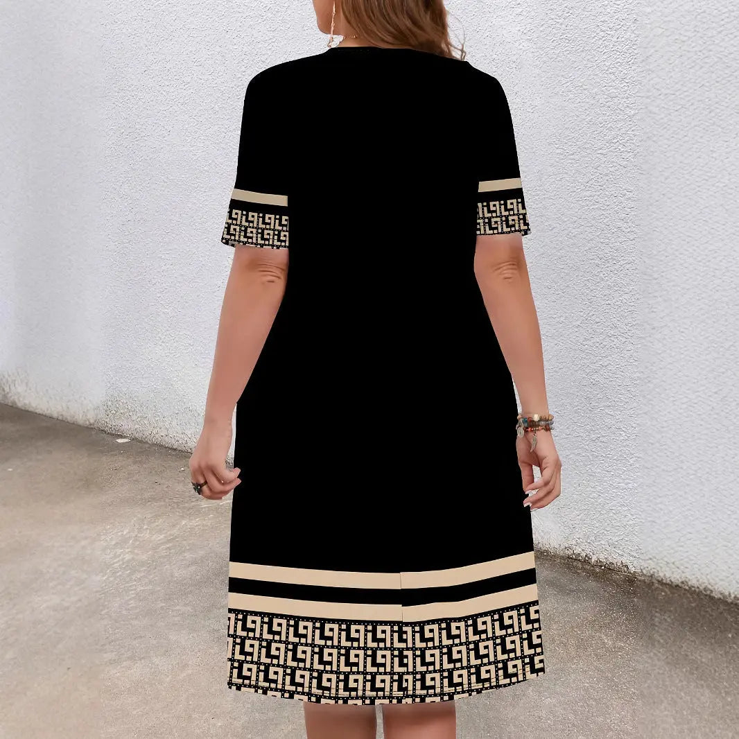 Comfortable Round Neck Fashion Elegant Contrast Color Short Sleeve Dress Lady T Fashions