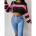Women's Color Block Striped Sweater Crew Neck Lantern Sleeve Cropped Pullover Tops Lady T Fashions