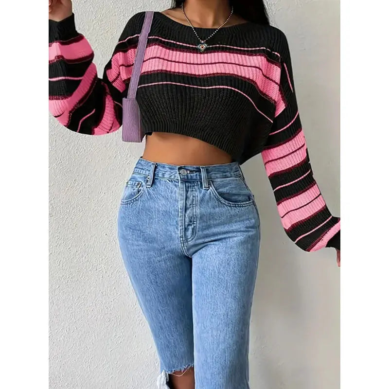 Women's Color Block Striped Sweater Crew Neck Lantern Sleeve Cropped Pullover Tops Lady T Fashions