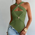 Women's Criss Cross Halter Bodysuit Ring Cut Out Sleeveless Fitted Leotard Tops Lady T Fashions