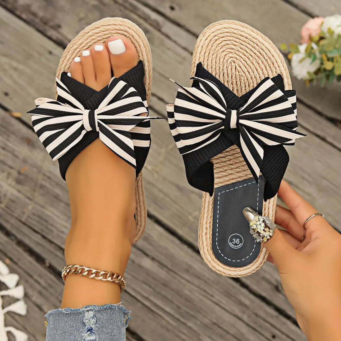 One-word Women's Slippers Hemp Rope Straw Woven Summer New Outdoor Stripes Lady T Fashions