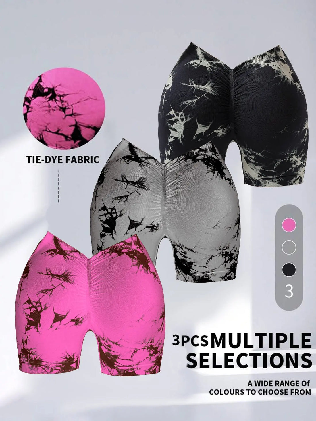 3 PACK Tie Dye Active Wear Shorts, Women Workout Shorts, High Waisted Contour Gym Yoga Biker Shorts, V Back Booty Biker Workout Gym Running Shorts Lady T Fashions