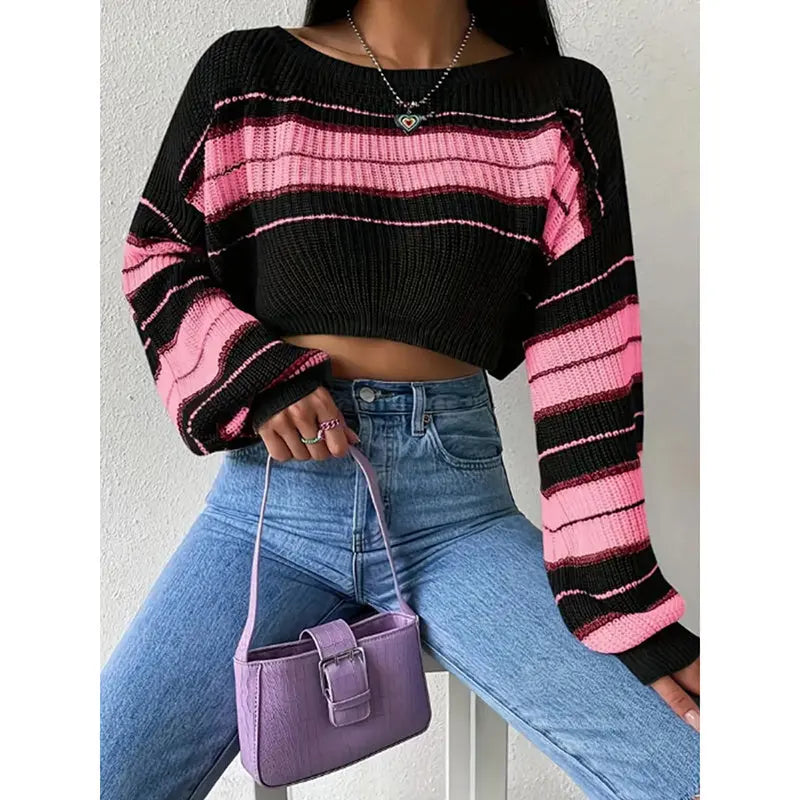 Women's Color Block Striped Sweater Crew Neck Lantern Sleeve Cropped Pullover Tops Lady T Fashions