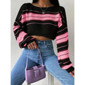 Women's Color Block Striped Sweater Crew Neck Lantern Sleeve Cropped Pullover Tops Lady T Fashions