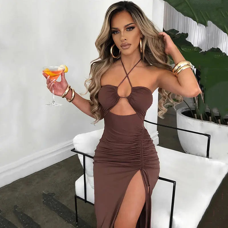 Sexy Halterneck Lace-up Split Dress Summer Y2K Fashion Party Baech Long Dresses For Womens Clotjing Lady T Fashions