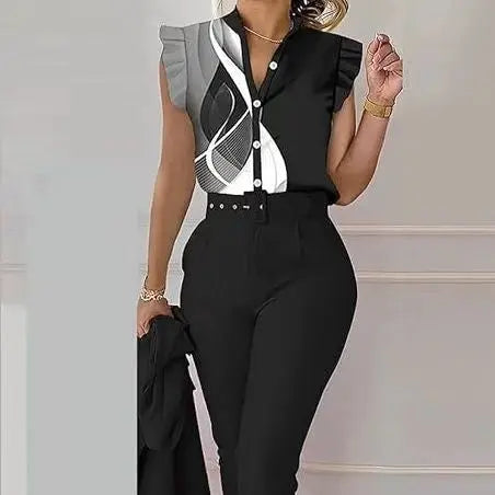 Ladies' V-neck Button Up Petal Sleeve Printed Off Shoulder Shirt Set Lady T Fashions