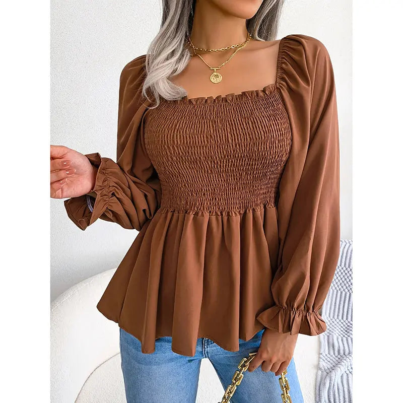 Women's Peplum Tops Square Neck Ruffle Trim Long Sleeve Blouse Smocked Top Dressy Casual Shirts Lady T Fashions