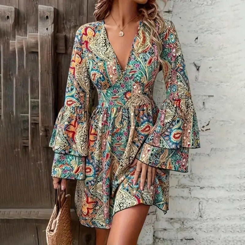 Elegant V-Neck Floral Print Dress - Layered Bell Sleeves, A-Line Waisted Party Dress For Women, Spring Summer Holiday Outfit Lady T Fashions