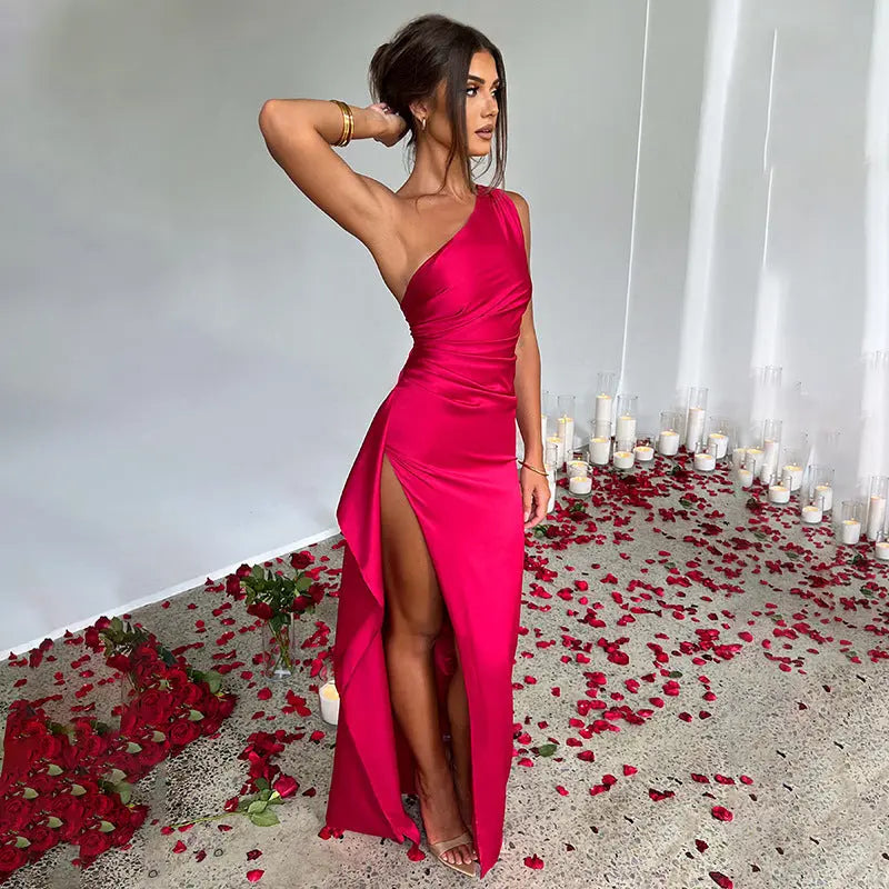 Sexy One-shoulder Backless Slit Dress Summer Elegant Slim-fit Solid Color Satin Dresses For Women Lady T Fashions
