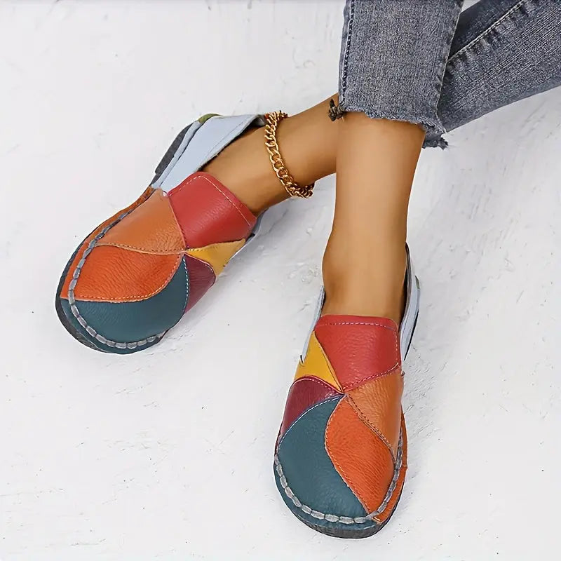 [Fashion Loafers] Soft Colorblock Women's Flat Loafers | Fashion Round Toe Slip On Faux Leather Shoes, Casual Walking Anti-skid Shoes Lady T Fashions