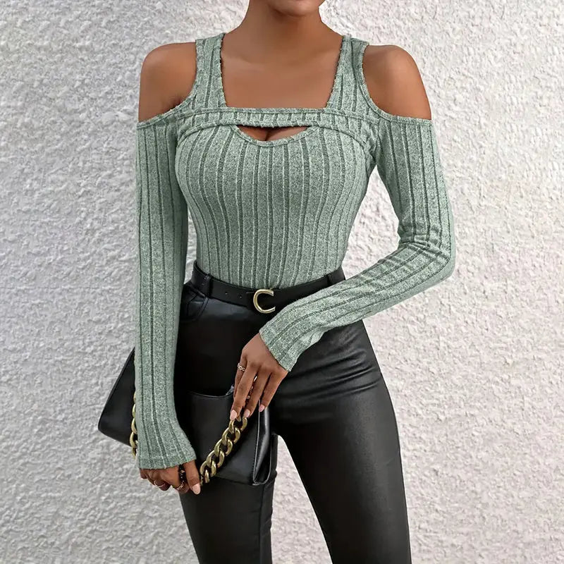 Women's Ribbed Long Sleeve Top Cut Out Front Detail Fitted Sexy Tee Casual Dressy T-Shirt Tops Lady T Fashions