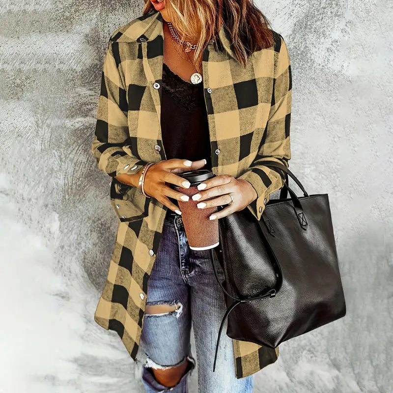 Women's Long Sleeve Plaid Print Button Front Casual Shirt For Spring & Fall Lady T Fashions