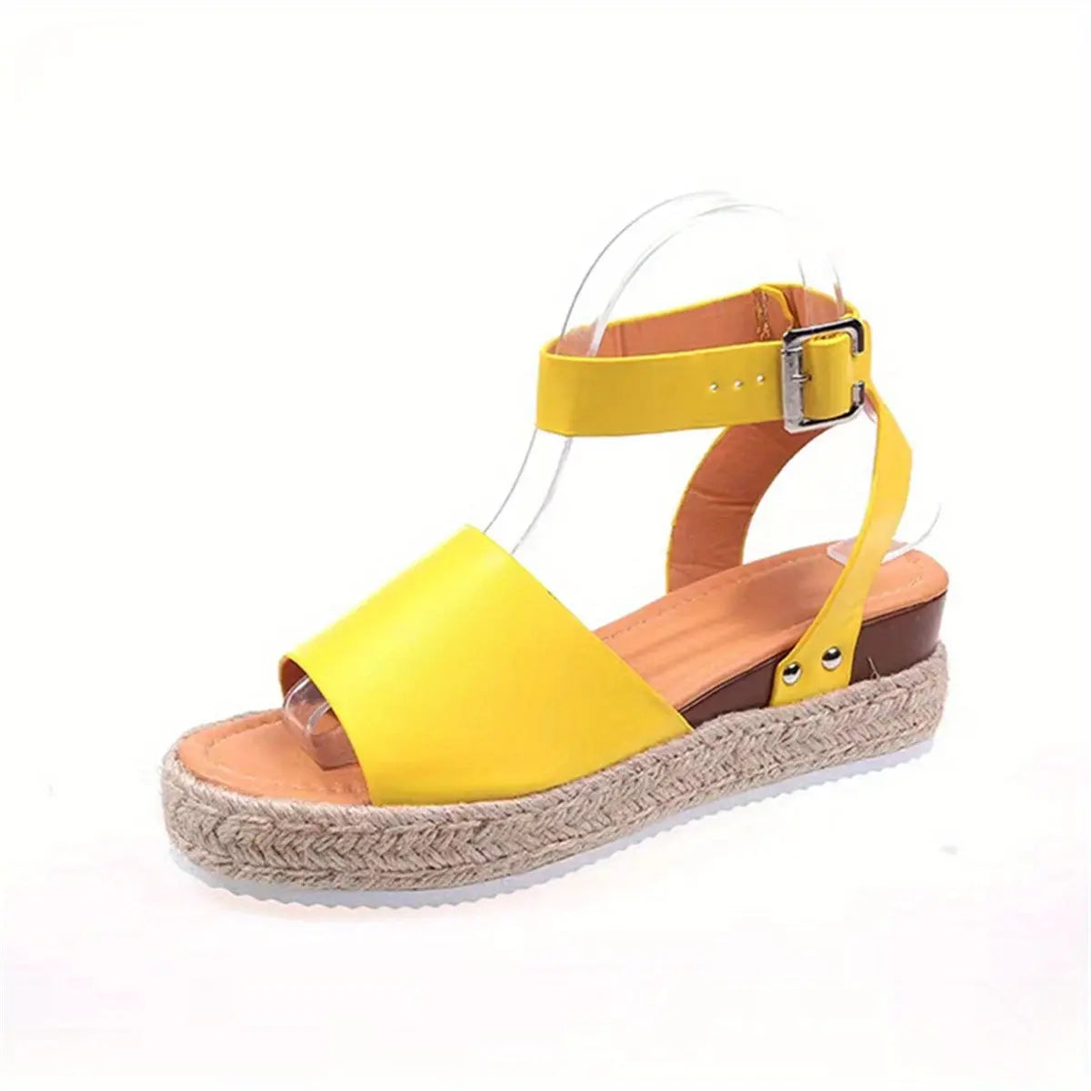 Mid Heel Platform Espadrille Sandals - Buckle Ankle Strap, Open Toe, Lightweight, Non Slip, Faux Leather Upper, PU Sole, Comfortable, Casual, Solid Color, Summer Shoes for Women Lady T Fashions