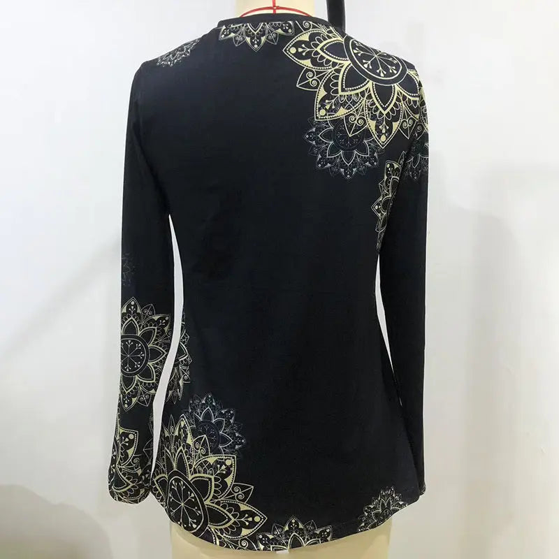 Women's Elegant Floral Print V-Neck Long Sleeve T-Shirt With Zip Detail - Slim Fit Casual Top For Spring&Fall Lady T Fashions