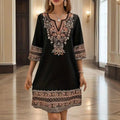 Women's V-Neck Middle Eastern Style Floral Print Midi Dress - Elegant Sleeve Design Lightweight Perfect For Spring&Summer Vacation & Daily Wear Lady T Fashions
