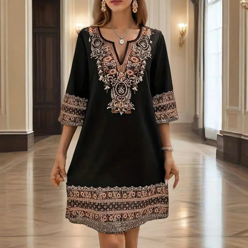 Women's V-Neck Middle Eastern Style Floral Print Midi Dress - Elegant Sleeve Design Lightweight Perfect For Spring&Summer Vacation & Daily Wear Lady T Fashions