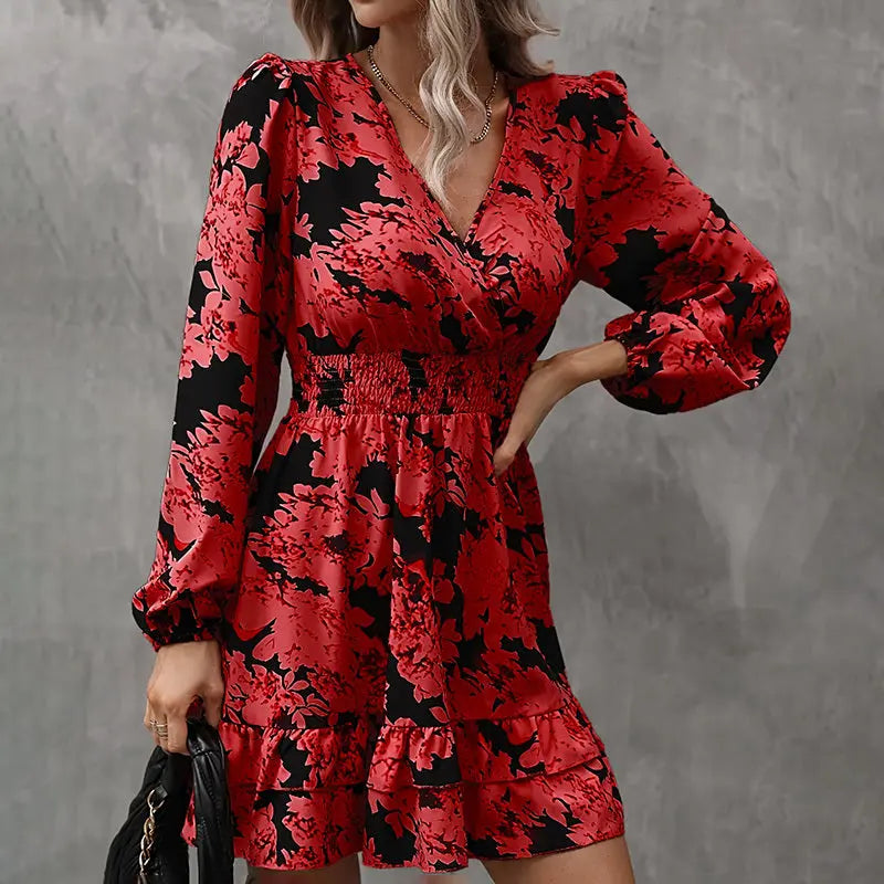 Women's Elegant Printed Lantern Sleeve A-Line Dress V-Neck, Ruffled Gathered Waist Detail, Flowy Midi Dress For Casual & Formal Occasions Lady T Fashions