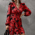 Women's Elegant Printed Lantern Sleeve A-Line Dress V-Neck, Ruffled Gathered Waist Detail, Flowy Midi Dress For Casual & Formal Occasions Lady T Fashions