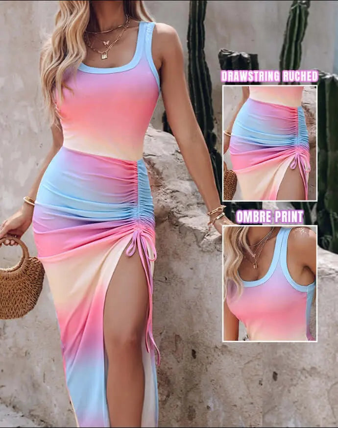 Women's Sleeveless Bodycon Dress - Round Neck Waist Ruffled Side Slit Tight Long Dress Lady T Fashions