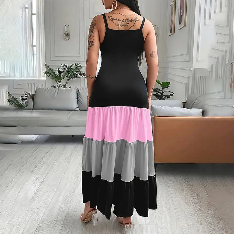 Women's Summer Casual Sleeveless V Neck Color Block Spaghetti Strap Maxi Long Dress Lady T Fashions