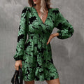 Women's Elegant Printed Lantern Sleeve A-Line Dress V-Neck, Ruffled Gathered Waist Detail, Flowy Midi Dress For Casual & Formal Occasions Lady T Fashions