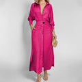 Women's Elegant Tied Solid Color Waisted Long-sleeved Shirt Dress Lady T Fashions