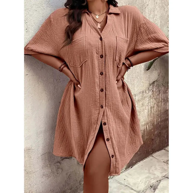 Womens Cotton Shirt Dress Summer Casual Short Sleeve Button Down V Neck Loose Mini Dress With Pockets Lady T Fashions