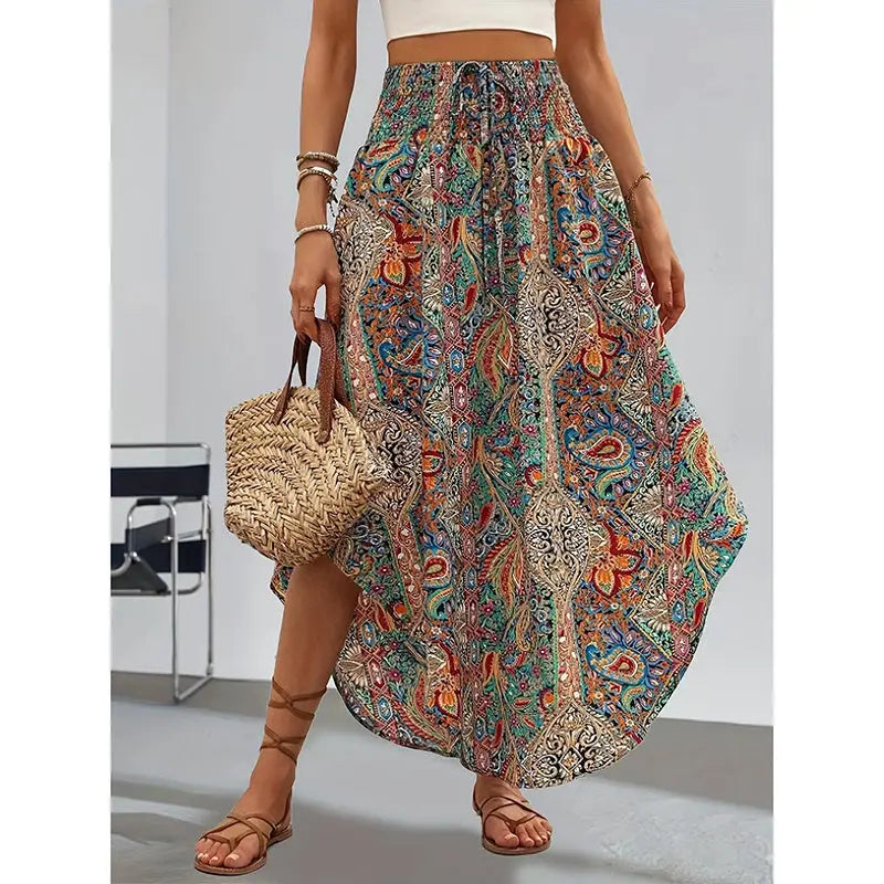 Women's High Elastic Waist Midi Skirt Casual Summer Trendy Tie Front Flowy Floral Print Beach Long Skirt Lady T Fashions