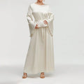 Elegant Round Neck Solid Color Flared Maxi Dress Long Sleeve With Pearl Cuff Detail, Modest A-Line Middle Eastern Abaya Party & Vacation Dress For Women Lady T Fashions