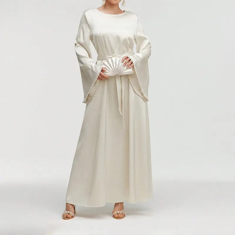 Elegant Round Neck Solid Color Flared Maxi Dress Long Sleeve With Pearl Cuff Detail, Modest A-Line Middle Eastern Abaya Party & Vacation Dress For Women Lady T Fashions