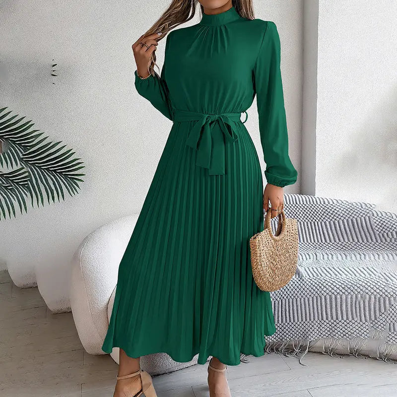 Elegant High Neck Long Sleeve Pleated Maxi Dress - Solid Color Flowy Dress For Women, Casual To Formal Wear Lady T Fashions