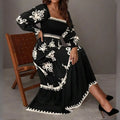 Elegant Women's Retro Geometric Print Lantern Sleeve Dress - Square Neck A-Line With Elastic Cuffs, Casual & Formal Dress Lady T Fashions