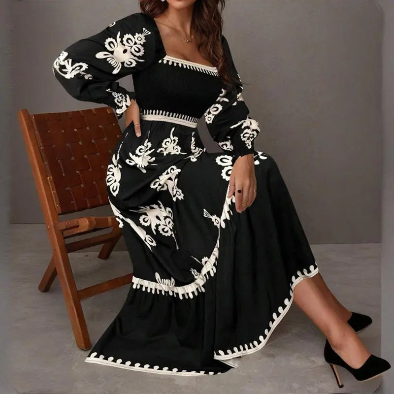 Elegant Women's Retro Geometric Print Lantern Sleeve Dress - Square Neck A-Line With Elastic Cuffs, Casual & Formal Dress Lady T Fashions