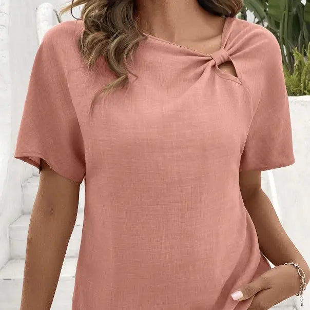 Ladies' Summer New Solid Color Hollow Asymmetrical Collar Fabric Pleated Decorative Details Elegant Style T-shirt Lady T Fashions