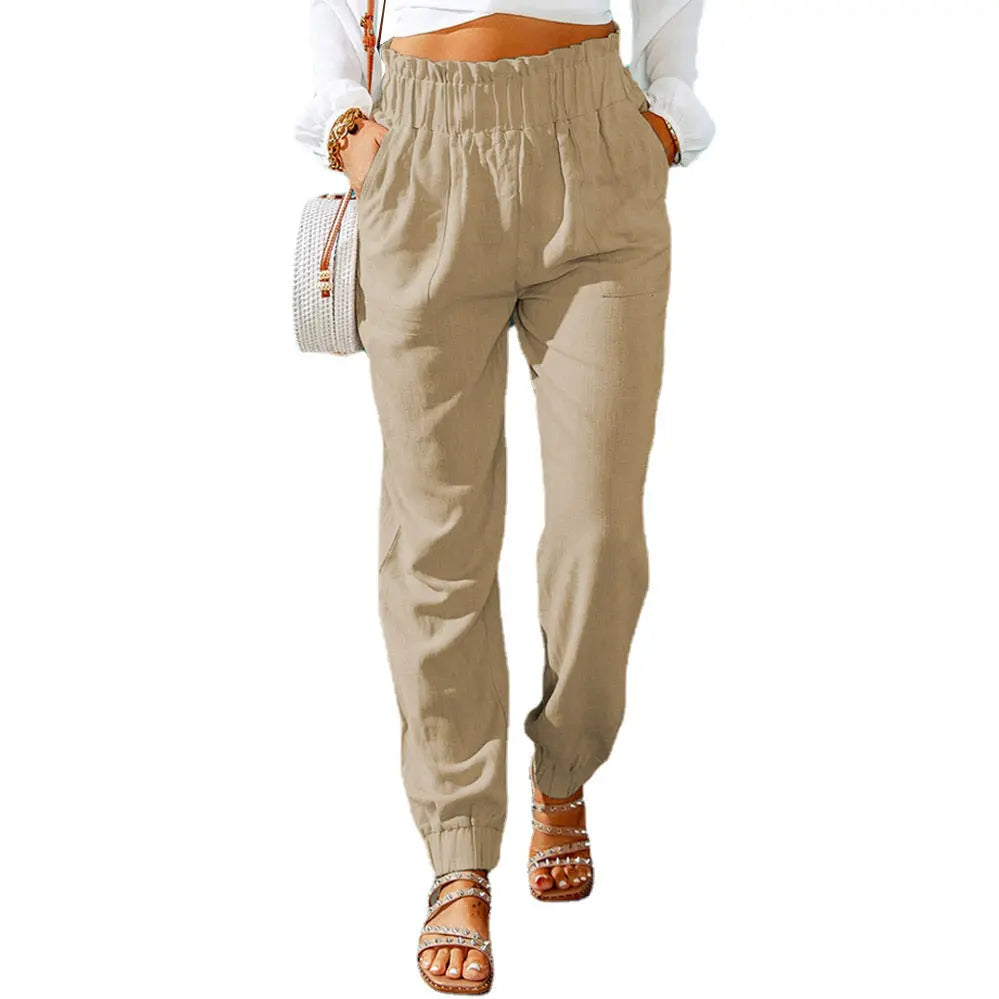 Ruffled Elastic Waistband High Waist Trousers Lady T Fashions