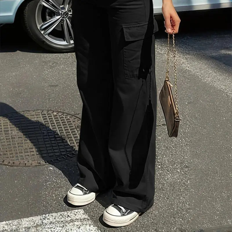 Women's Solid Color Wide Leg Pants With 4 Pockets - Button & Zip Front Casual Trousers For Spring&Fall Lady T Fashions