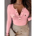 Womens Long Sleeves Ribbed Knit Tunic Shirts Scoop Neck Button-Up Tops Slim Fit Blouses Lady T Fashions