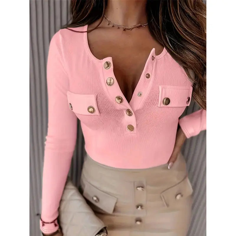 Womens Long Sleeves Ribbed Knit Tunic Shirts Scoop Neck Button-Up Tops Slim Fit Blouses Lady T Fashions