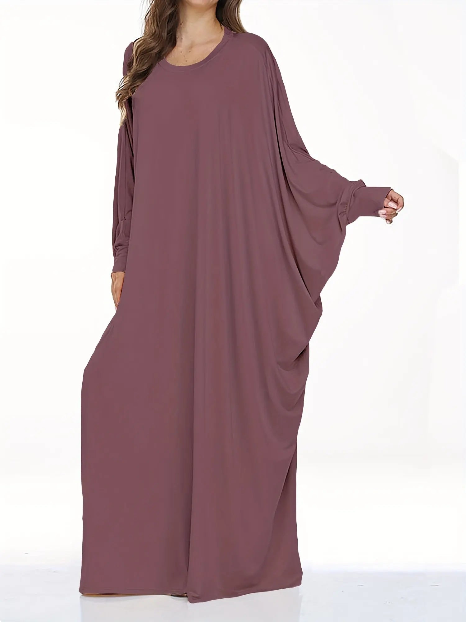 Elegant Long-Sleeve Batwing Tunic Dress for Plus Size Women - Loose Fit, Polyester, Solid Brown, All-Season Wear, Pullover Style, Comfortable Sandals, Plus Size Clothing | Elegant Tunic Dress | Polyester Fabric Lady T Fashions