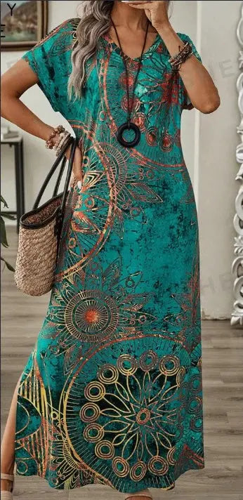 Women's Vintage Floral Print V-Neck Batwing Sleeve Casual Summer Dress Maxi Women Dresses Long Dress Lady T Fashions