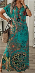 Women's Vintage Floral Print V-Neck Batwing Sleeve Casual Summer Dress Maxi Women Dresses Long Dress Lady T Fashions