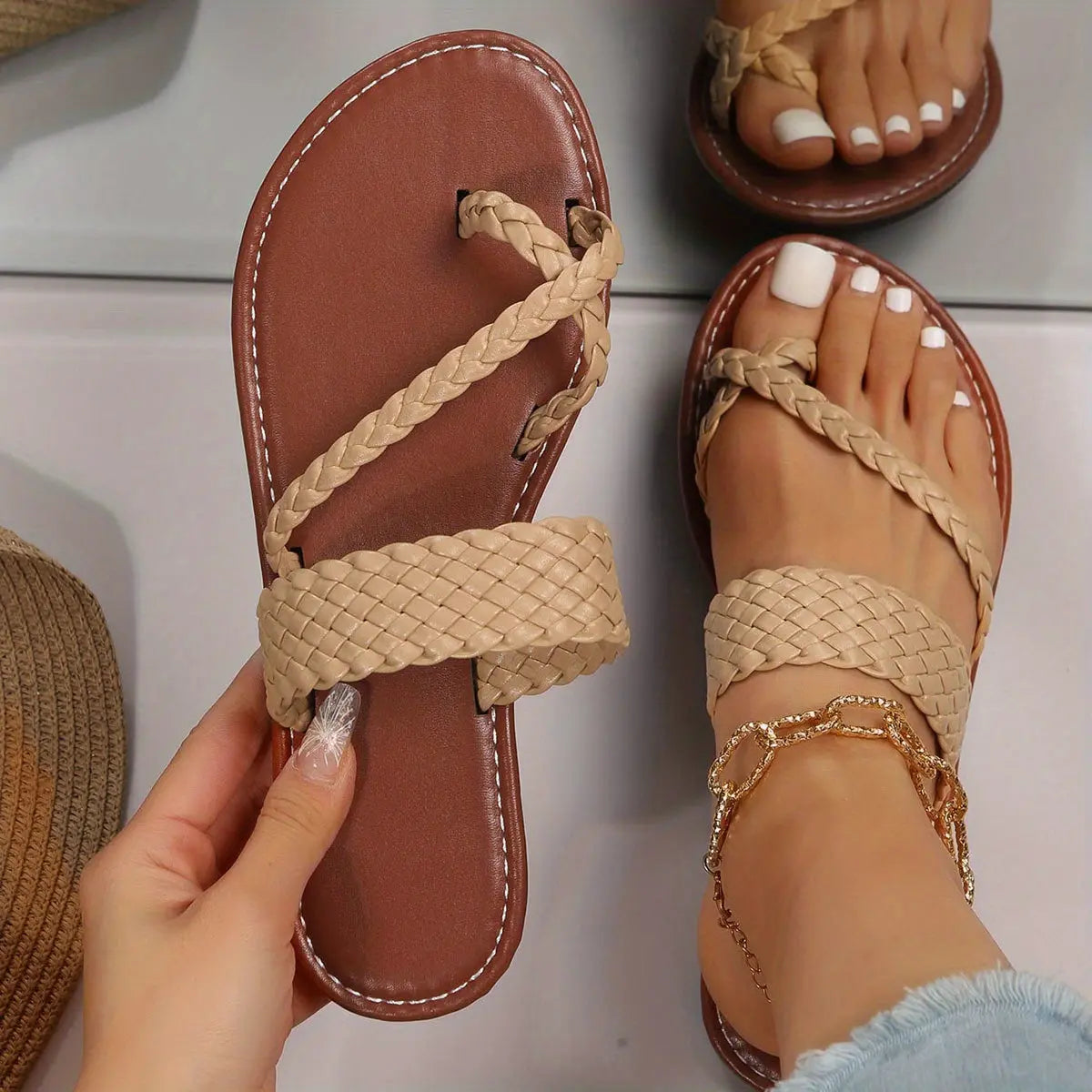 Women's Flat Slide Sandals, Toe Loop Braided Band Slip On Shoes, Casual Beach Slides Lady T Fashions