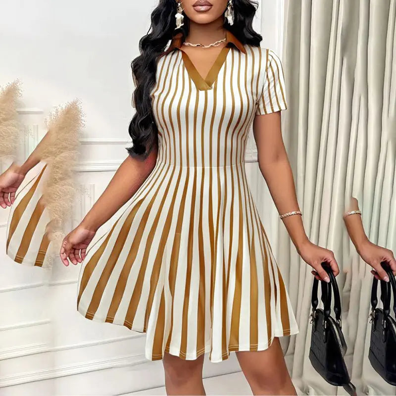 Women's Polo Dress Elegant Striped V Neck Short Sleeve A Line Dresses Lady T Fashions