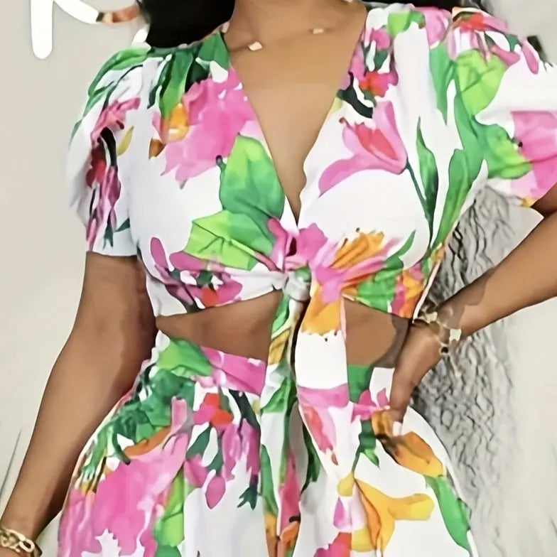 Ladies' Floral Print V-neck Tie Fashion Two-piece Set Lady T Fashions